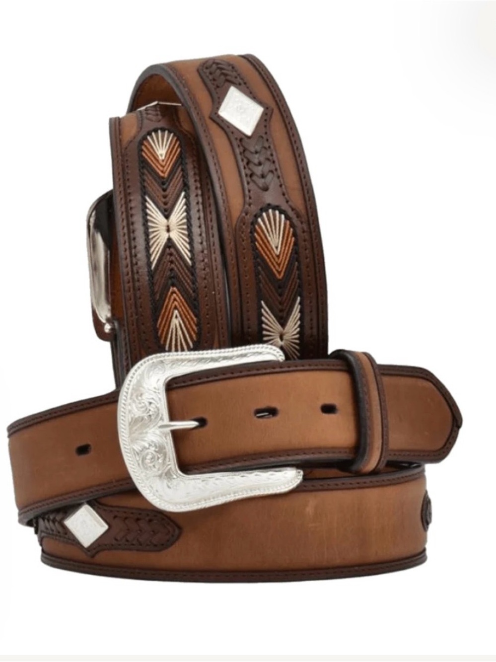 Men's Tan Brown Western Tooled Leather Belt with Silver Buckle